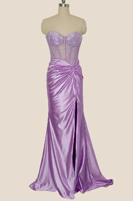 Boho Maxi Dresses-Sweetheart Lilac Beaded Ruched Mermaid Long Dress