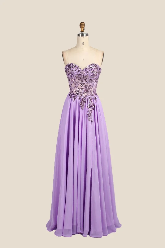 Geometric Yellow Maxi Dresses-Sweetheart Lilac Sequin Long Dress with Slit