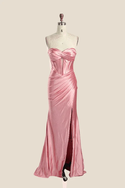 Halter Summer Maxi Dresses-Sweetheart Pink Ruched Long Dress with Keyhole