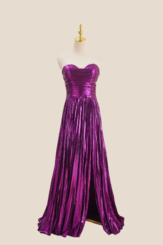 High Neck Maxi Dresses-Sweetheart Purple Pleated Metallic Long Dress