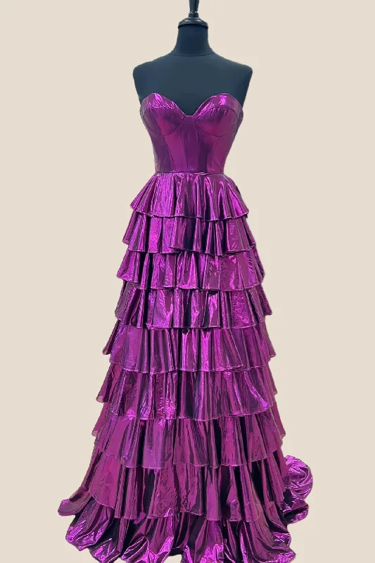 Pink Formal Maxi Dresses-Sweetheart Purple Tiered Metallic Long Dress