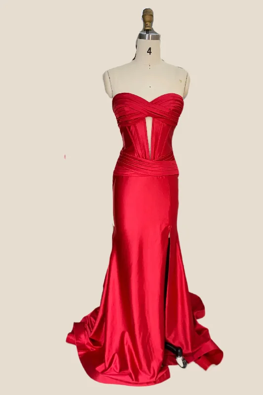 Plus Size Vintage Maxi Dresses-Sweetheart Red Ruched Mermaid Long Dress