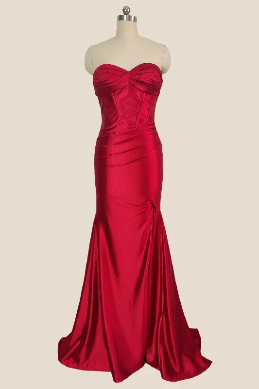 Pink Maxi Dresses-Sweetheart Red Twist Mermaid Long Dress with Slit