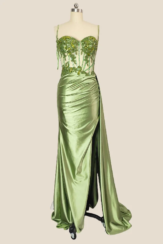 Purple Maxi Dresses-Sweetheart Sage Green Appliques Long Dress