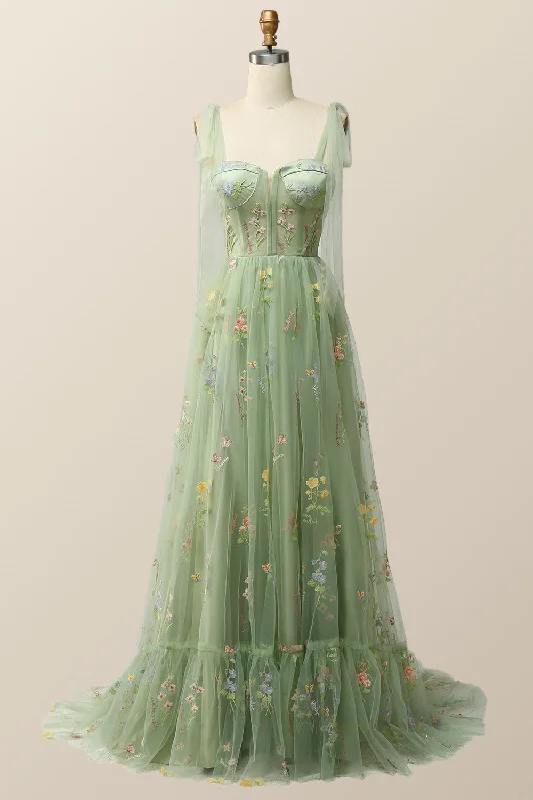 Mesh Vintage Maxi Dresses-Tie Shoulders Green Floral Tulle Long Formal Dress