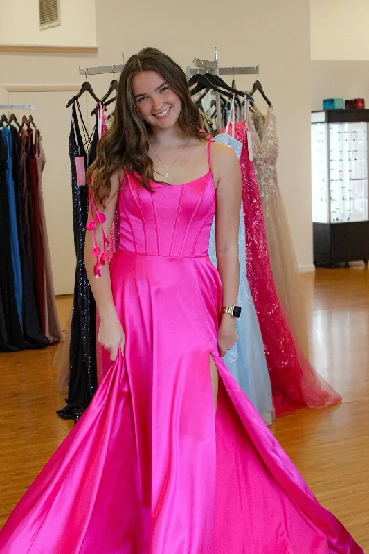 Orange Boho Maxi Dresses-Tie Shoulders Hot Pink A-line Long Formal Dress