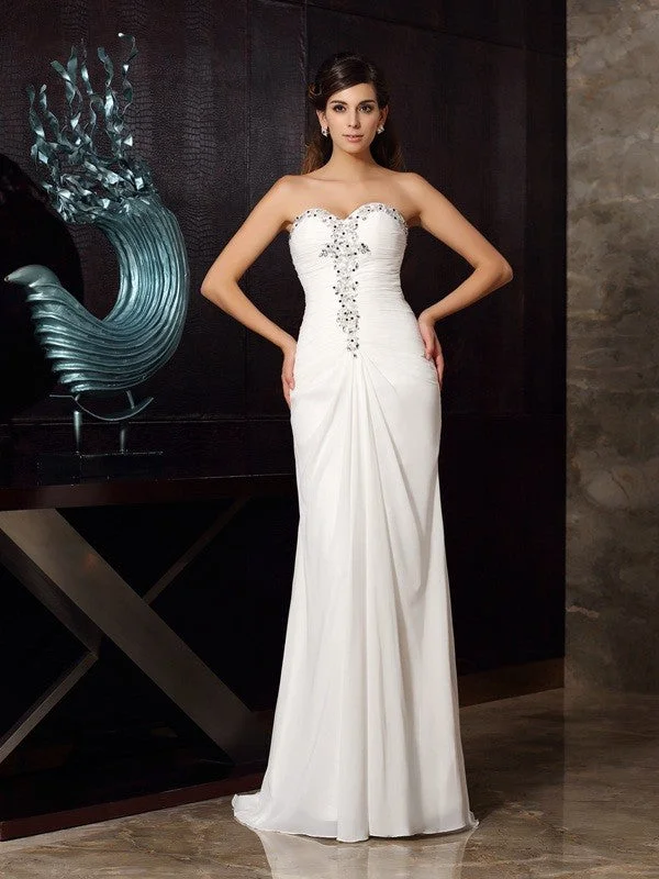 Leather Work Maxi Dresses-Trumpet/Mermaid Sweetheart Beading Sleeveless Long Chiffon Dresses