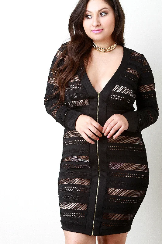 One Shoulder Maxi Dresses-Lace Hole Pattern Longsleeve Zip-Up Dress