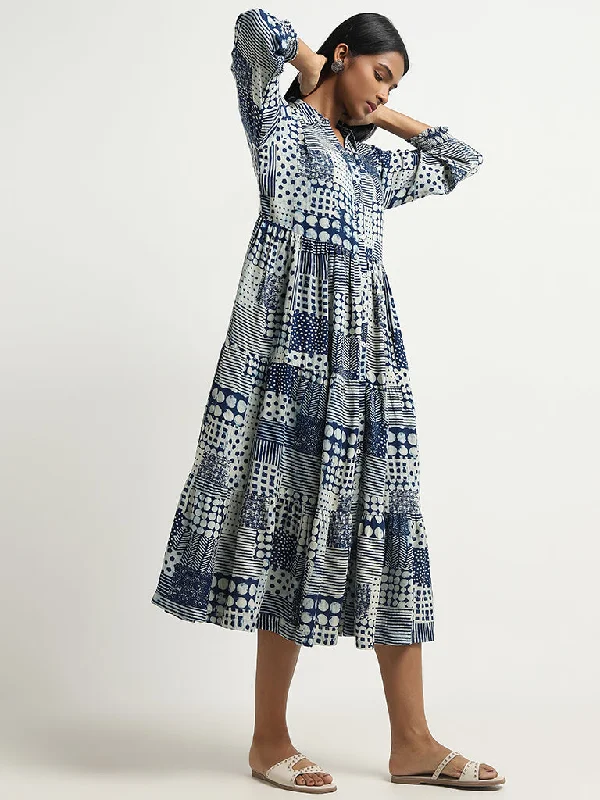 Silk Maxi Dresses-Utsa Indigo Geometric Design Tiered Long Dress