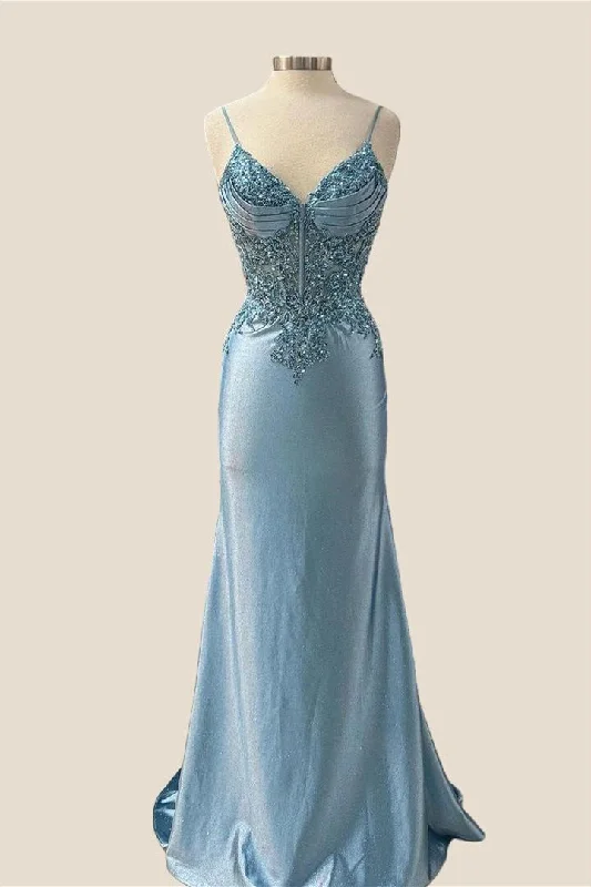 Denim Strapless Maxi Dresses-V-neck Blue Beaded Mermaid Satin Long Dress