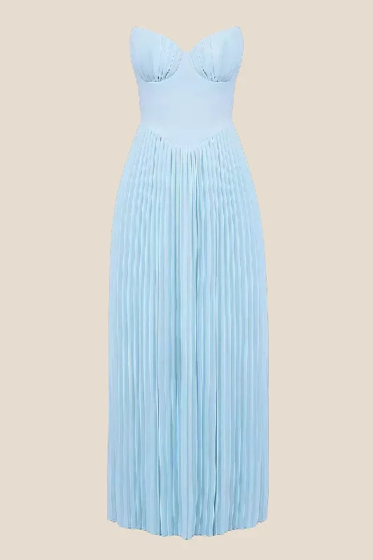 Denim Formal Maxi Dresses-V-neck Blue Pleated A-line Long Dress