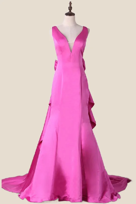 Silk Club Maxi Dresses-V Neck Fuchsia Satin A-line Long Dress