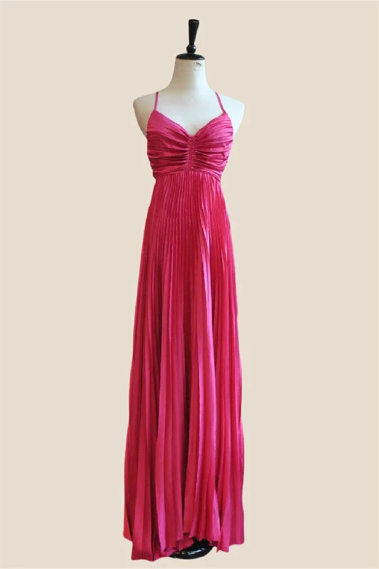 Striped Casual Maxi Dresses-V-neck Hot Pink Pleated A-line Long Dress