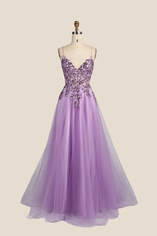 Plaid Blue Maxi Dresses-V-neck Lilac Sequin A-line Long Tulle Dress