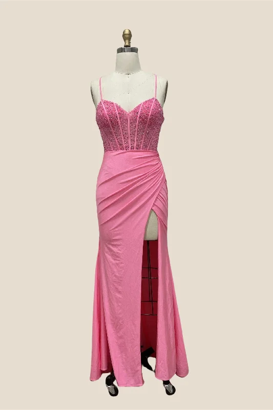 Animal Print Sexy Maxi Dresses-V-neck Pink Beaded Ruched Long Dress with Slit