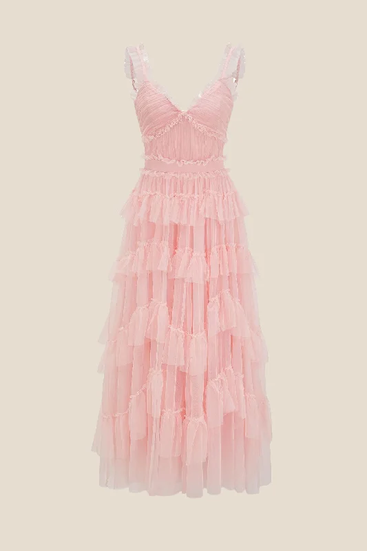 Velvet Casual Maxi Dresses-V-neck Pink Ruffle Tiered A-line Long Dress