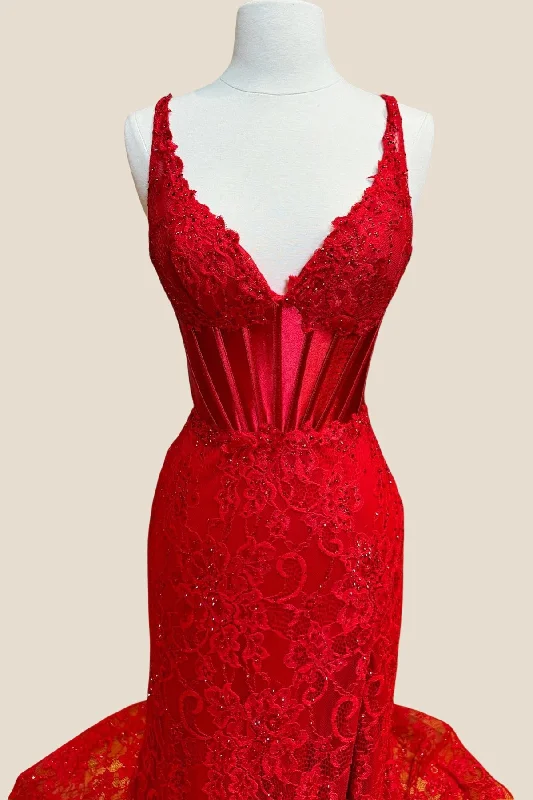 Cheap Work Maxi Dresses-V-neck Red Lace Appliques Mermaid Long Dress