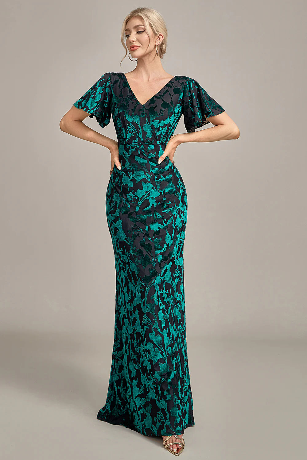 Satin V Neck Maxi Dresses-Velvet Peacock V-Neck Long Dress Mother of the Bride Dress