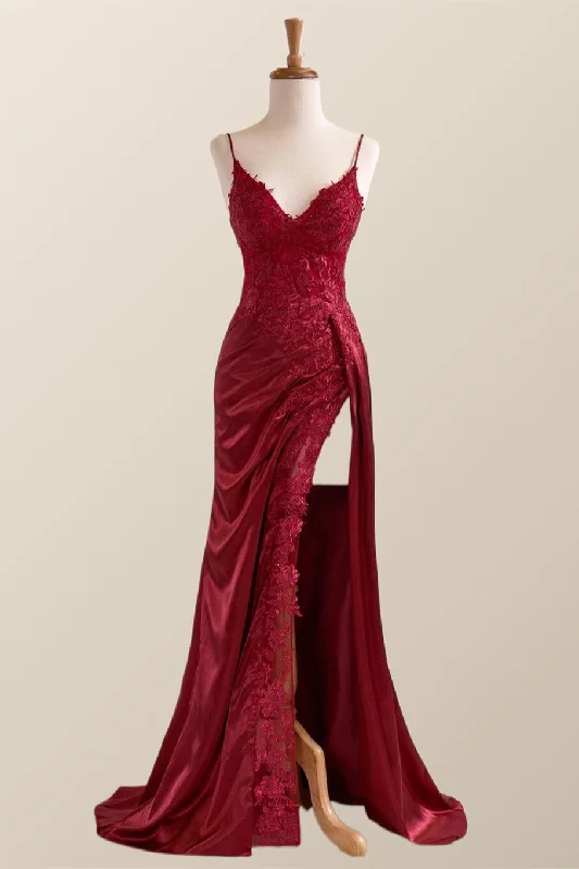 Leather Vintage Maxi Dresses-Wine Red Appliques Mermaid Long Formal Dress