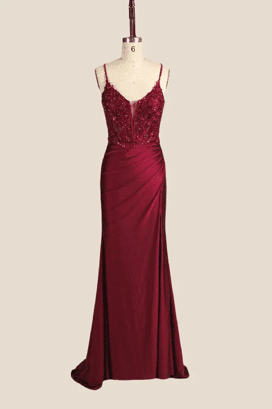 Women Winter Maxi Dresses-Wine Red Appliques Ruched Long Dress with Slit