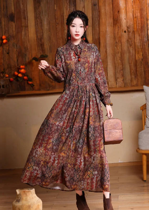 Cotton Red Maxi Dresses-women's fashionable printed lapel long dress