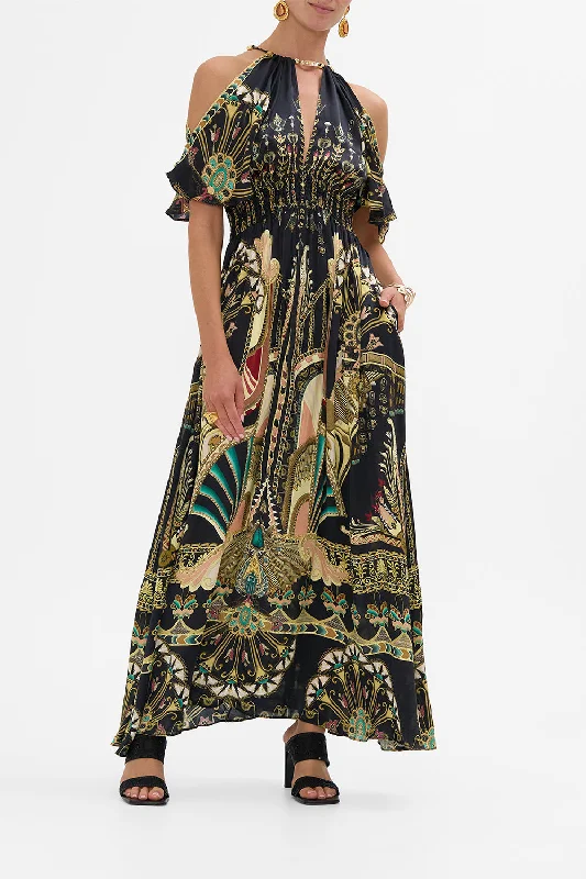 Strapless Maxi Dresses-NECK PIECE SHIRRED WAIST LONG DRESS THEY CALLED HER NEFERTARI