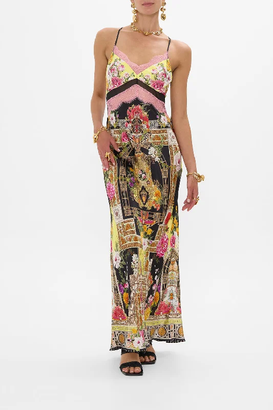 Leather Summer Maxi Dresses-LACE SPLICE BIAS LONG DRESS ADORNED IN ALEXANDRIA