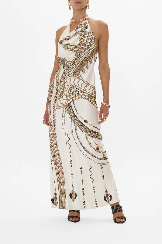 Lace Vintage Maxi Dresses-DRAPED LONG DRESS WITH NECKPIECE GODDESS ENERGY