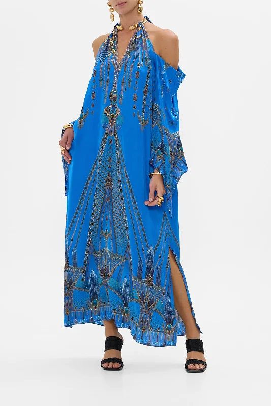 Trendy Tie Dye Maxi Dresses-FLARED SLEEVE COLD SHOULDER LONG KAFTAN ARCHIVAL REVIVAL