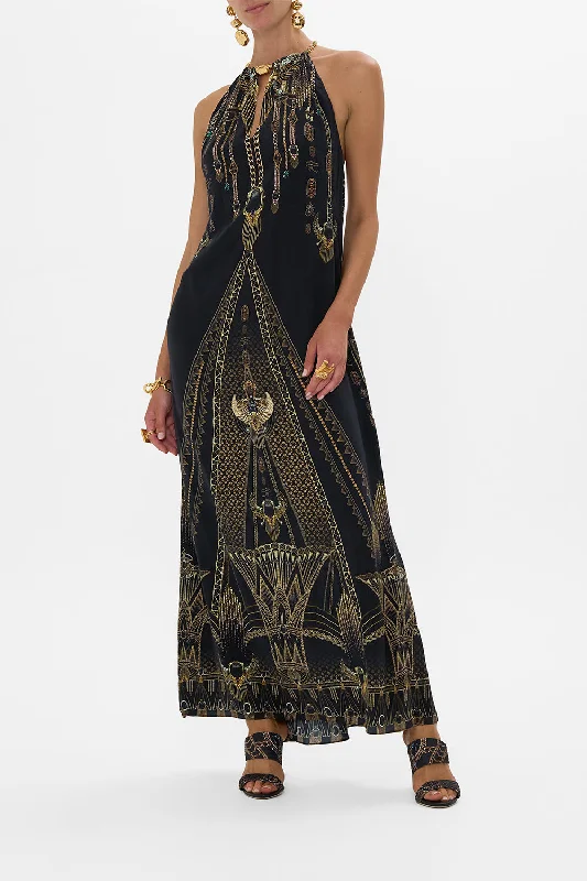 High Neck Work Maxi Dresses-LOW BACK LONG DRESS WITH NECK HARDWARE CALL ME CLEOPATRA