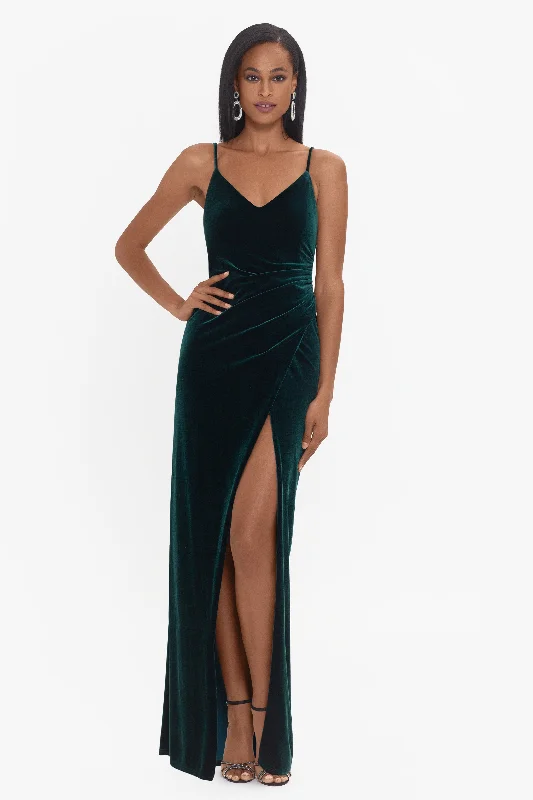 Sequin Work Maxi Dresses-Petite "Maritza" Long Velvet Spaghetti Strap Dress