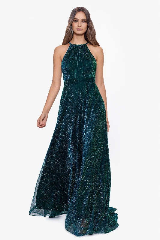 Embroidered Maxi Dresses-Petite "Mila" Long Halter Metallic Dress