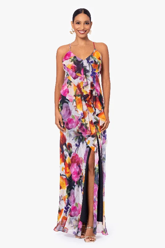 Animal Print Party Maxi Dresses-Petite "Mary" Long Chiffon Floral Print Dress