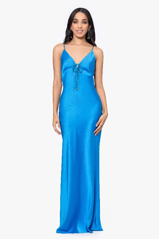 Work Mesh Maxi Dresses-"Jen" Long Satin Spaghetti Strap Dress