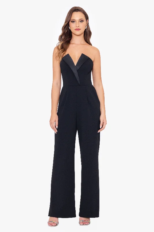 Black Beach Maxi Dresses-Petite "Tasha" Long Strapless Tuxedo Jumpsuit