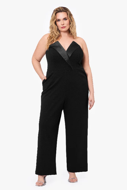 V Neck Beach Maxi Dresses-Plus "Tasha" Long Strapless Tuxedo Jumpsuit