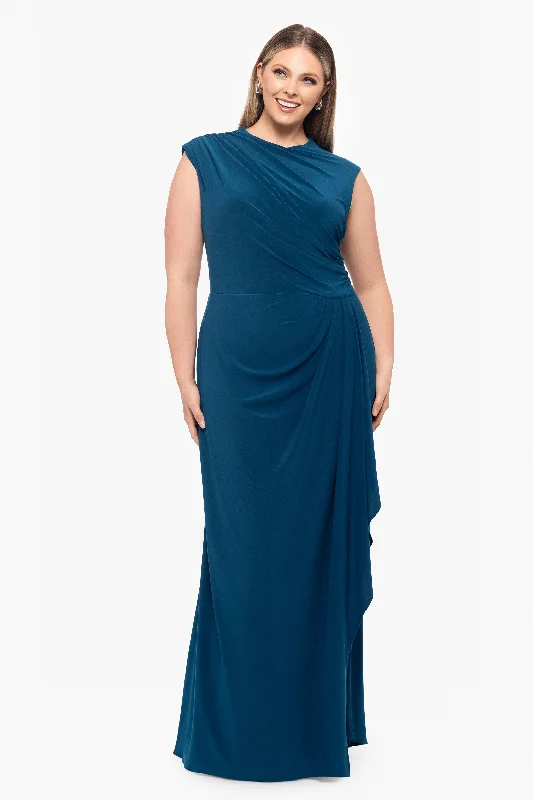 Strapless Work Maxi Dresses-Plus "Patricia" Long Jersey Knit Ruffle Sleeveless Dress