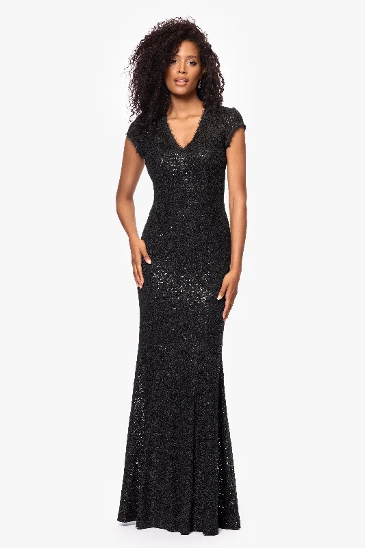 Formal Black Maxi Dresses-"Penny" Long Sequin Cap Sleeve V-Neck Dress