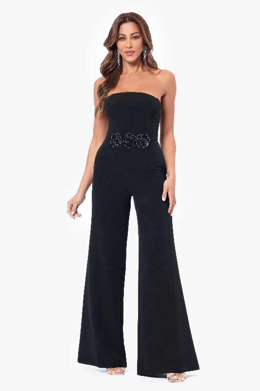 Cheap Club Maxi Dresses-"Marleen" Long Scuba Crepe Jumpsuit with Flower Detailing