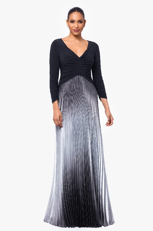 Plus Size Formal Maxi Dresses-"Katia" Long 3/4 Sleeve Pleated Ombre Skirt Dress