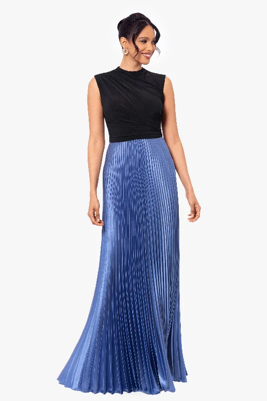 Leather Party Maxi Dresses-Petite "Katrina" Long Jersey Knit Pleated Skirt Dress