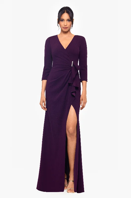 Club Purple Maxi Dresses-"Angelica" Long Scuba Crepe V-Neck Embellished Ruffle Dress