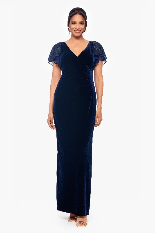 Strapless Blue Maxi Dresses-"Carolina" Long Velvet V-Neck Sequin Sleeve Dress