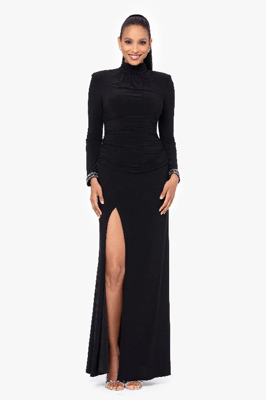 Embroidered Formal Maxi Dresses-"Roxie" Long Jersey Knit Mock Neck Embellished Wrist Floor Length Dress