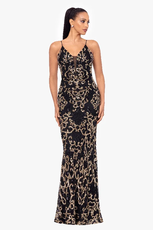 Embroidered Summer Maxi Dresses-"Jolene" Long Sequin Placement Spaghetti Strap Floor Length Dress