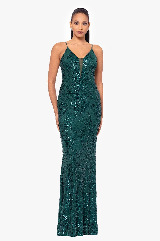 Satin Winter Maxi Dresses-Petite "Jolene" Long Sequin Placement Spaghetti Strap Floor Length Dress