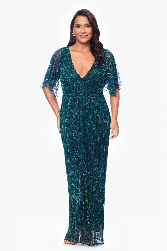 Velvet Maxi Dresses-"Sonny" Long Metallic Knit V-Neck Ruffle Dress