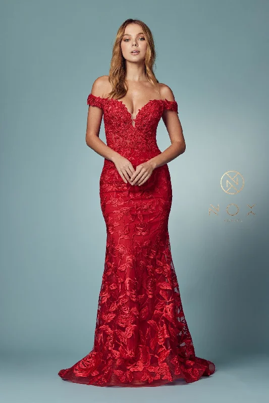 Chiffon Backless Evening Dress-Applique Off Shoulder Mermaid Gown by Nox Anabel C439