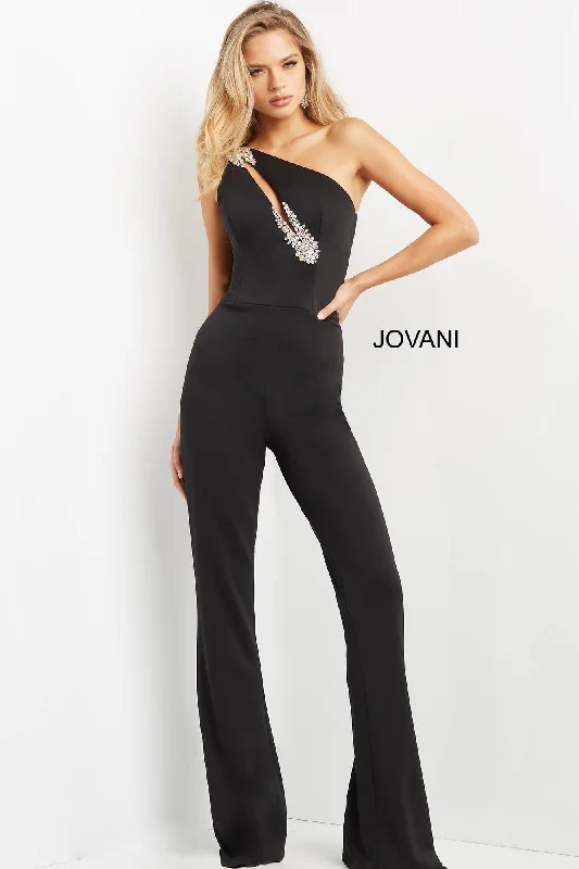 Beige Evening Dress-Beaded Jersey One Shoulder Jumpsuit by Jovani 09019