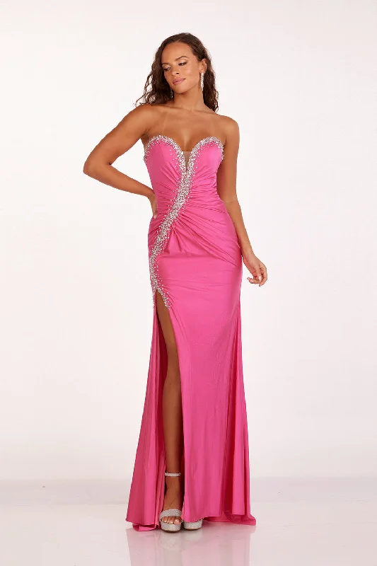 Prom Pink Evening Dress-Beaded Jersey Strapless Slit Gown by Abby Paris 90258